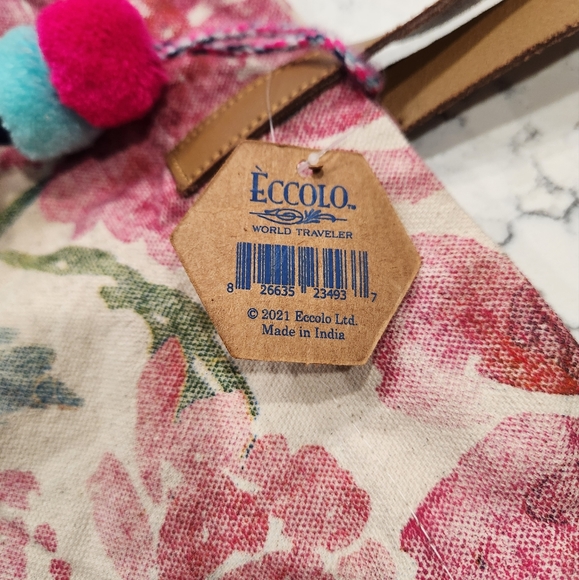 FLORAL FLIRTY POM POM CANVAS TOTE BAG WATERCOLOR ECCOLO NWT cream & pink - Picture 3 of 12